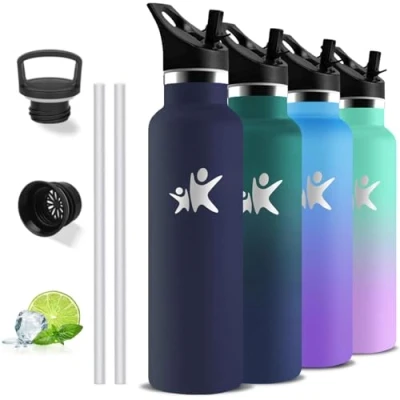 Image de Gourde Isotherme, 1l, Sans BPA, Inox, Anti Fuite, Paille, Double Isolation, Gourdes de Camping et Randonnée, Facile à Nettoyer, Reutilisable, pour Aptitude, Yoga, Voyage