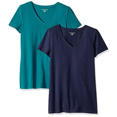 Image de Amazon Essentials T Shirt Col en v à Manches Courtes Coupe Classique Femme, Lot de 2, Vert Foncé/Bleu Marine, L