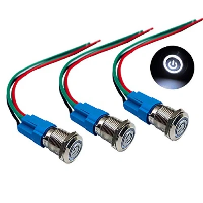 Image de QitinDasen 3Pcs Premium 12V / 24V 3A Interrupteur à Bouton Poussoir Auto Bloquant, Commutateur 12mm, Blanc LED Etanche IP66 avec Fil de Prise Courant