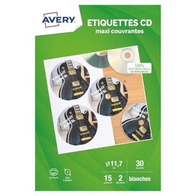 Image de Avery Pochette de 30 Étiquettes Autocollantes pour Identifier Les Cd. Personnalisables et imprimables. Diamètre 117 mm. impression jet d&#039;encre
