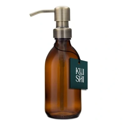 Image de Kuishi Flacon Pompe en Verre Ambré avec Acier Inoxydable [250 ML, dorée], Flacons Rechargeables Marron Idéal pour Le Lavage des Mains, shampoing, après shampooing (sans BPA)