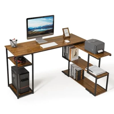 Image de Mondeer Bureau Informatique, d&#039;Ordinateur avec Étagère Rangement à Pivotante 360 Degrés et Réglables, Gain d’Espace pour Salle d‘Etude, 135x110x75cm, Marron Rustique