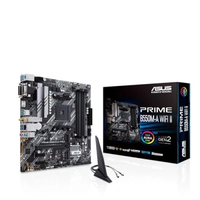 Image de ASUS PRIME B550M A WI FI II Carte mère AMD B550 Ryzen AM4 micro ATX (2 x M.2, PCIe 4.0, DDR4 4400, Intel WiFi 6, 1 Gb Ethernet, HDMI/D Sub/DVI, USB 3.2 Gen 2 Type A, Aura Sync RGB)