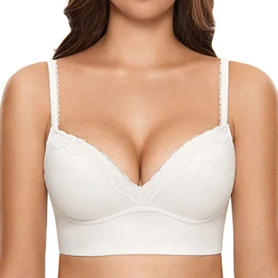 Image de DOBREVA Femme Soutien Gorge sans Armatures Rembourré Push Up Triangle Bralette en Dentelle Blanc 85E
