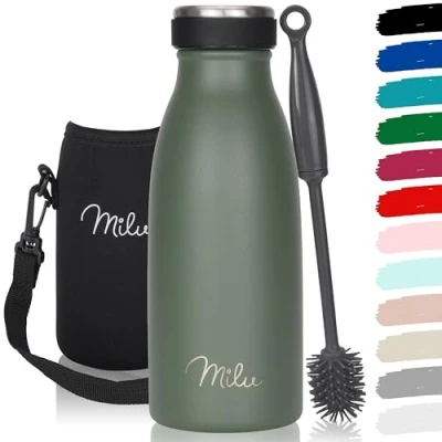 Image de Milu Gourde en acier inoxydable 350 ml 500 ml, 750 1000 1,5 l bouteille isotherme, d&#039;eau isolée, double paroi anti fuite, convient aux acides carboniques (Vert olive, 350ml)