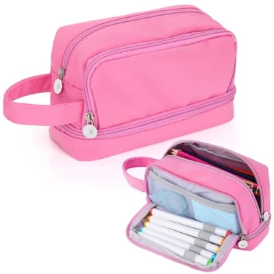Image de Alyvisun Trousse Scolaire, à Crayons Grande Capacité avec 3 Compartiments pour Fille Garcon, Portable Crayon Pencil Case Poignée École et Bureau (Rose)