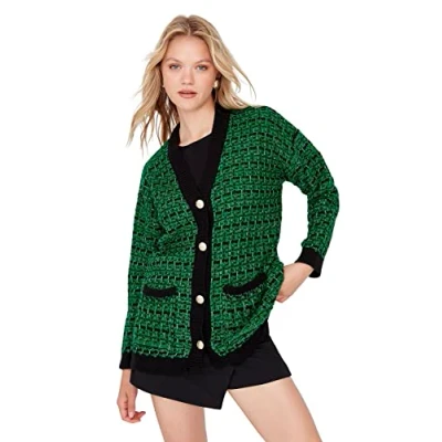 Image de Trendyol Cardigan Oversize à Carreaux avec col en V Sweater, Vert, S Femme