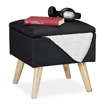 Image de Relaxdays 10029605_46 Tabouret avec Espace de Rangement, rembourré Lin Artificiel, Pieds en Bois, Couvercle, HlP 40x40x40cm, Noir, MDF, Tissu, 1