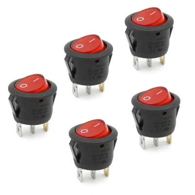 Image de Heschen Lot de 5 interrupteurs à bascule ronds ON OFF SPST 3 bornes 24 V lumière rouge 6 A 250 VAC