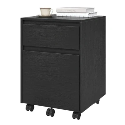 Image de WOLTU Caisson de Bureau avec 2 Tiroirs, Armoire à Dossiers sur roulettes, Meuble Rangement pour Documents A4, en Bois d&#039;Ingénierie PB Noir, 40x40x56cm