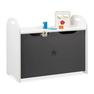 Image de Relaxdays Coffre à Jouets pour Enfant, Espace de Rangement Jeux, siège, Couvercle, 47x57x30 cm, Motif étoilé, Blanc/Gris