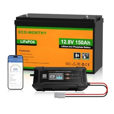 Image de ECO WORTHY LiFePO4 Batterie au lithium Bluetooth 12 V 150 Ah avec chargeur 12/24 20 A protection BMS basse température 120 et max. 15 000 cycles pour camping car, caravane, bateau