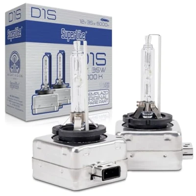 Image de Superlite Jeu de 2 Ampoules Xenon D1S 12V 35W 6000K pour Phares Principaux la Gamme Night Vision. Homologué E1 R37/03 et certifié RoHs CE. Lumière blanche une meilleure visibilité.