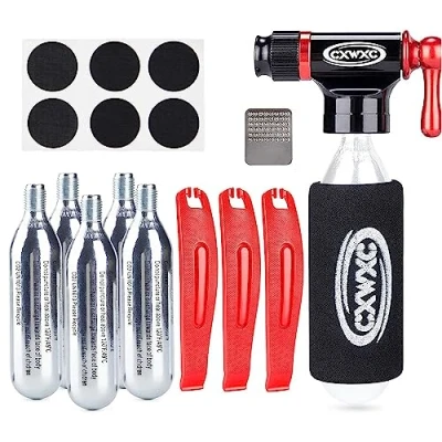 Image de Kadacha kit de gonflage CO2 avec 5 Cartouches filetées 16g Compatible Les valves Presta et Schrader Pompe Pneu vélo Portable Multi Outils réparation (StyleA)