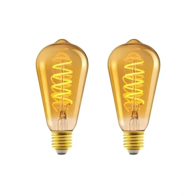 Image de Amazon Basics Lot de 2 ampoules LED E27, vintage, verre ambré rétro style antique, ST64, 4 W (équivalent à 25 W), lumière ultra chaude 1800 K pour la décoration