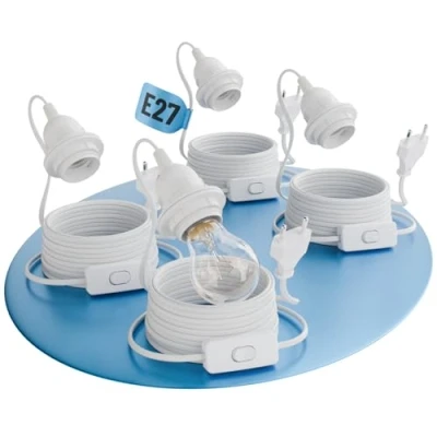 Image de greate. 4x douille E27 avec câble et interrupteur blanc 5 mètres Socle ampoule prise max. 60W 250V interrupteur, suspension luminaire, porte ampoule, cable luminaire