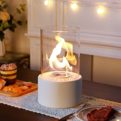 Image de JHY DESIGN Cheminée de table ronde blanche portable à combustion propre au bioéthanol sans ventilation pour table, maison, cuisine, salon, jardin