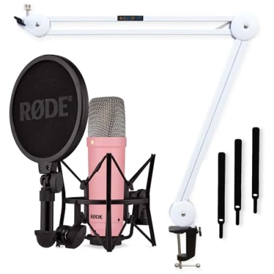 Image de Rode NT1 Signature Pink Microphone de studio + trépied Keepdrum MS138 à bras articulé, blanc