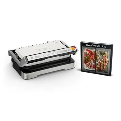 Image de Tefal OptiGrill GC782D10 barbecue de contact 2 en 1 XL, pliable, 12 programmes, affichage du niveau cuisson, plaques XL amovibles, électrique, argenté