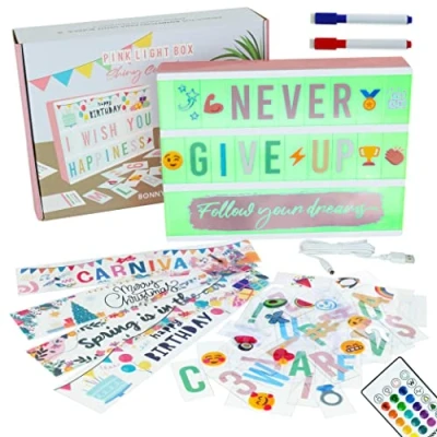 Image de Light Box A4 Rose Or 16 Couleurs avec 400 Lettres et Emojis, 10 Cartes Premium, Télécommande, 2 Marqueurs BONNYCO Ç Inclus Boite Lumineuse Message, Idee Cadeau Femme, Deco Chambre Ado Fille