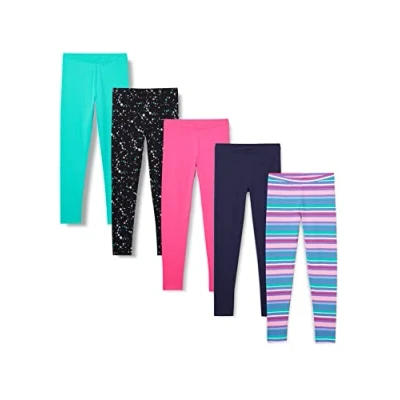 Image de Amazon Essentials Legging Fille, Lot de 5, Bleu Marine/Noir Étoiles/Rayures/Rose/Vert des Mers du Sud, 3 Ans
