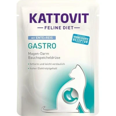 Image de Kattovit Canard et riz gastro Lot de 12 paquets x 85 g Aliment complet diététique Pour chats adultes compenser les problèmes digestifs Faible en gras facile à digérer