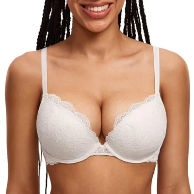 Image de DOBREVA Femme Soutien Gorge Push Up Dentelle avec Armatures Plongeant Rembourré Moulé Blanc de Coco 85B