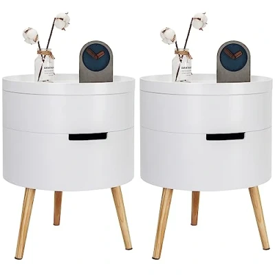 Image de WOLTU Lot de 2 Table Chevet Lit avec Compartiments Rangement, d&#039;appoint Pieds en Bois Pin, Design Moderne pour Chambre à Coucher, 38x38x51cm, Blanc, TS50ws
