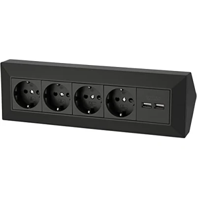 Image de 4 Fach Structure Bloc Multiprises Prise de Courant d&#039;angle + 2X USB Charge 230V 3600W Noir