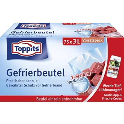 Image de Toppits Lot de 75 sacs congélation, 3 litres, fond plat, transparents