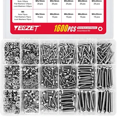 Image de YEEZET 1600pcs M4 M5 M6 304 Inox Boulons et Écrous Rondelles Assortiment Kit,Industrie Machines Visserie Hexagonal