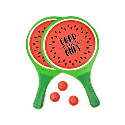 Image de Legami Plage, thème : Watermelon, poignée Ergonomique, Comprend 2 Raquettes et 3 balles, Dimensions 23 x 38 0,7 cm, matériau MDF, PVC Balls, étui Inclus, BR0002, 0.7 cm