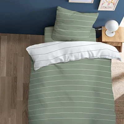 Image de MATT &amp; ROSE Parure de Lit 140x200 cm Stripes Imprimée Réversible 100% Coton Oeko TEX Housse Couette + 1 Taie d&#039;oreiller 65x65 Lichen