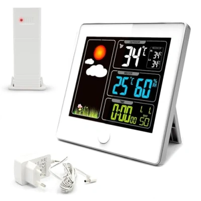 Image de Station Météo FISHTEC Numérique avec Capteur Extérieur Appareil Météorologique Sans Fil À Poser ou à Fixer au Mur Large Écran LCD Coloré et Pictogrammes Blanc/Noir (Blanc)
