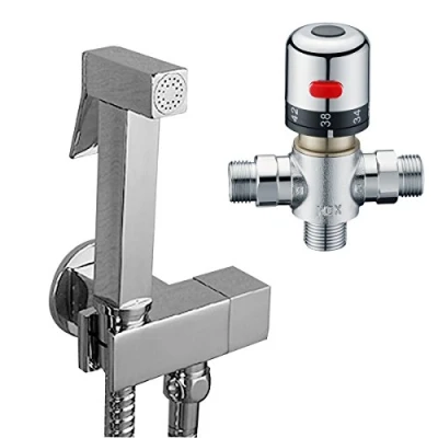 Image de Ownace Kit douchette avec mitigeur thermostatique ronde chromée à fixation murale design moderne pour WC et bidet en laiton