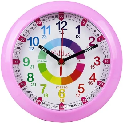 Image de Kiddus Horloge Murale Éducative pour Enfants, Garçon, Fille. Time Teacher Analogique avec Exercices. Mécanisme en Quartz Silencieux.