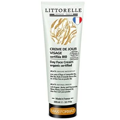 Image de Crème de Jour Visage Peau Douce Maxi Format 100 ml Certifiée Bio 99% d’Origine Naturelle à l&#039;Eau d&#039;Orge Hydratante Homme Femme Soin Sensible, Sèche Made in France