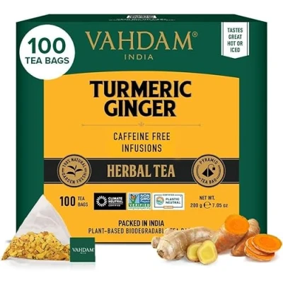 Image de VAHDAM, Turmeric Ginger Tisane (100 Sachets De Thé Pyramid) Sans Caféine 100% Pur Et Naturel, Curcuma &amp; Épices Fraîches Directement La Source En Inde Infusion Chaude/Glacée