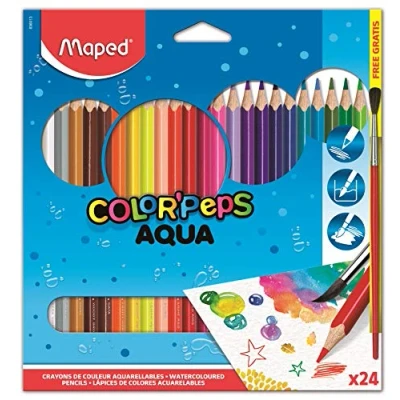 Image de Maped Color&#039;Peps Crayons de Coloriage Aqua pour Aquarelle Mine Résistante Set 24 Couleurs Aquarellables + 1 pinceau