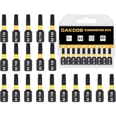 Image de DAKCOS T20 Bit, Torx Bit T20, assortiment d&#039;embouts en S2, embout de vissage 1/4 tige hexagonale (longueur : 25 mm, 20 pièces)