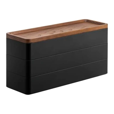 Image de Yamazaki 5810 RIN Étui à accessoires mince 3 niveaux avec couvercle, noir, ABS résine/bois, design minimaliste, 24 x 8 11,5 cm (LxPxH)