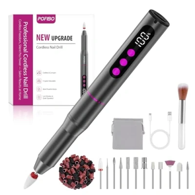 Image de POFIBO Ponceuse pour Ongles Professionnel 12 en 1 Lime a Ongle Electrique 35000RPM avec LCD écran Numérique, sans fil, 5 vitesses réglables Kit de Manucure Pédicure Rechargeable Vitesse