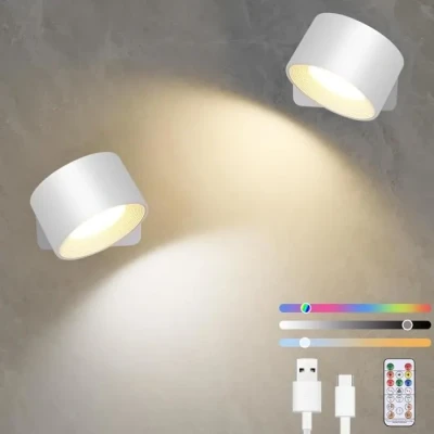 Image de Diealles Shine Lot de 2 Applique Murale Interieur,USB C Lampe Sans Fil, Chevet Intensité Variable, Rotative à 360, Commande Tactile et Télécommande, 19 RGB Couleurs (Blanc)