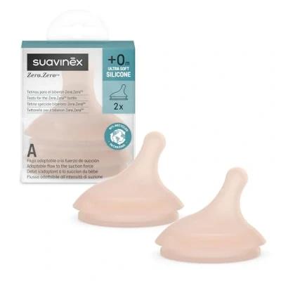 Image de Suavinex, Lot 2 Tetines pour Biberon Anti Colique Zero Zero. Débit Spécial Allaitement (A), Adaptable, Spécifique Bébés Allaités s&#039;Adapte à la Force de Succion du Bébé, Silicone, +0 M, Medium+