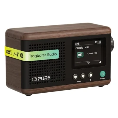 Image de Pure Classic Mini Radio Numérique Portable Dab+ et FM avec Bluetooth 5.3, Batterie 15 Heures, Écran Couleur 2,4&quot;, Sangle de Transport, Noir Café/Noyer, Compact léger