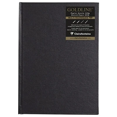 Image de Clairefontaine 34245C Carnet Cousu Goldline 64 Feuilles Papier Dessin Blanc A5 14,8x21 cm 140g Format Portrait Couverture Rigide Noire Imitation Toile