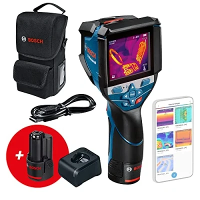 Image de Bosch Professional Caméra thermique GTC 600 C 12V (2 batteries 12 V, avec fonction appli, plage de températures : 20C à +600C, résolution 256x192 px, poche protection) Amazon Exclusive Set