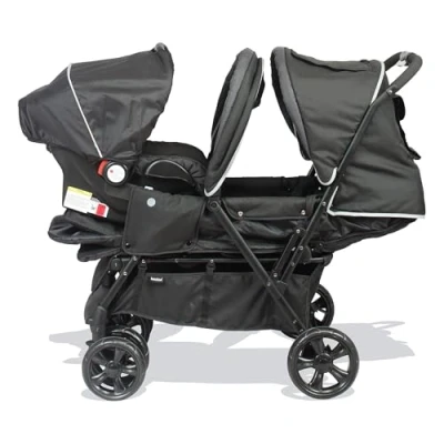 Image de BAMBISOL Poussette Double 2 en 1 pour Jumeaux dès la Naissance Cosy Siège Auto i Size Gr0+ Inclus, Pliable avec Habillage Pluie et Grand Panier Noir Gris Chiné