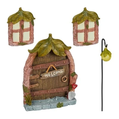Image de Relaxdays Set pour fée d’extérieur (Jardin), déco, 2 fenêtres, 1 lampadaire, Porte, Pierre Artificielle, Multicolore