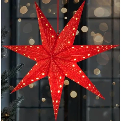 Image de BRUBAKER Étoile de Noël LED à Suspendre Papier 60 cm avec 7 Pointes l&#039;Avent 3D Fonctionne des Piles, Suspendue et Illuminée Lumineuse Décoration Rouge
